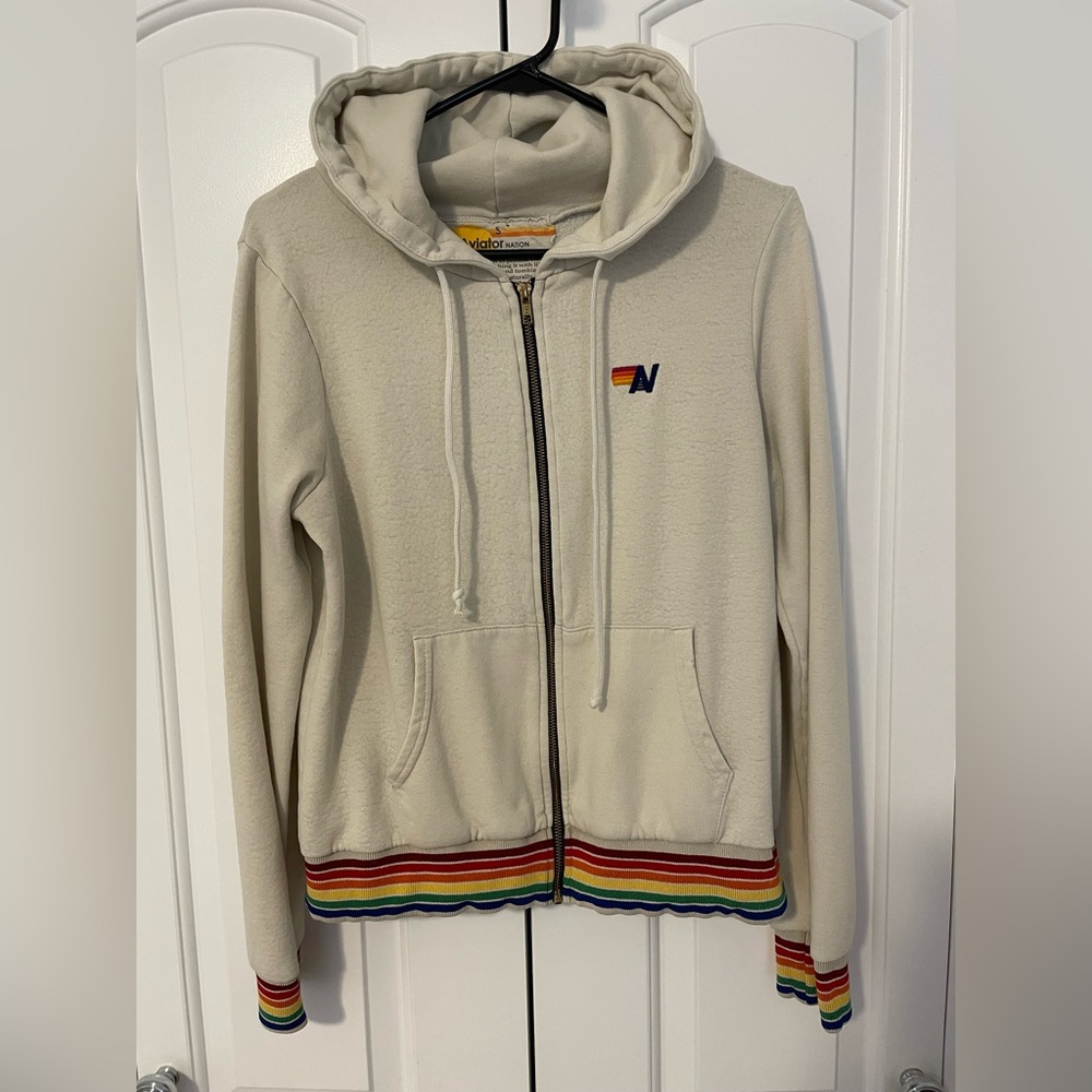 Aviator Nation Long Sleeve Cream Hoodie with Rainbow Accents Size Small